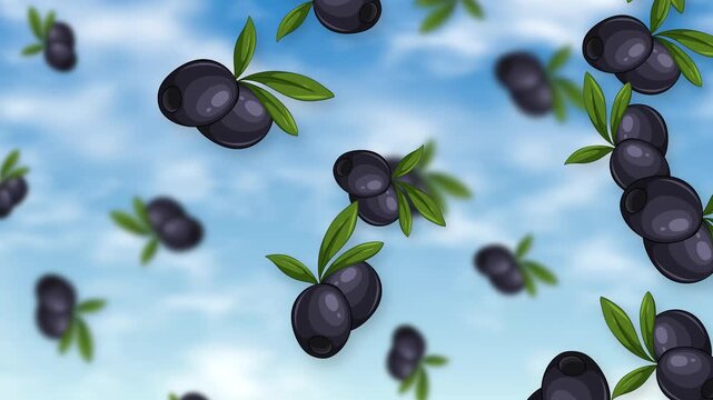 Animated Black Olives with Green Leaves Falling Against Blue Sky