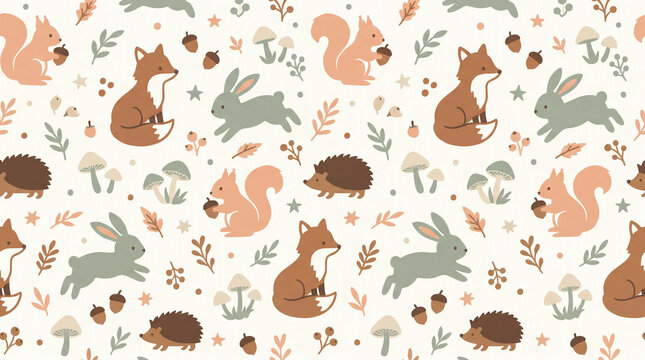 Seamless pattern with cute woodland animals like foxes squirrels rabbits and hedgehogs in autumn style.