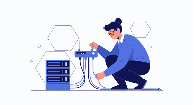 IT professional connecting cables to server rack and router in flat design style