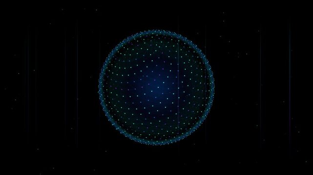 Futuristic Glowing Dot Sphere Network with Vertical Light Trails Loop