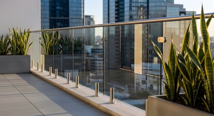 Fototapeta premium Modern apartment balcony with glass railing and potted snake plants overlooking city skyscrapers.
