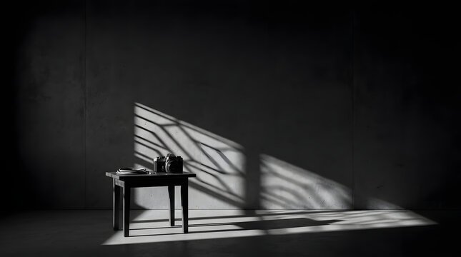 Black and white still life camera table shadow sunlight minimal interior empty room monochrome photo featuring camera small table with strong window shadow and sunlight, quiet minimal interior