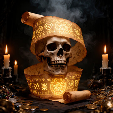 calavera, cr&aacute;neo humano, calavera m&aacute;gica, cr&aacute;neo m&aacute;gico, pergamino, pergamino antiguo, rollo de pergamino, escritura m&aacute;gica, s&iacute;mbolos m&aacute;gicos, s&iacute;mbolos ocultos, ocultismo, magia, ritual, ritual m&aacute;gico