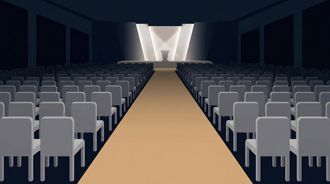 Empty modern conference hall with empty seats and illuminated stage, perfect for corporate events, presentations and seminars
