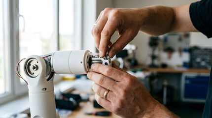 Naklejka premium Robotic arm engineer repair workshop maintenance hand tool gear technology, closeup hands adjusting gear mechanism robotic arm during maintenance workshop, engineering repair and testing process
