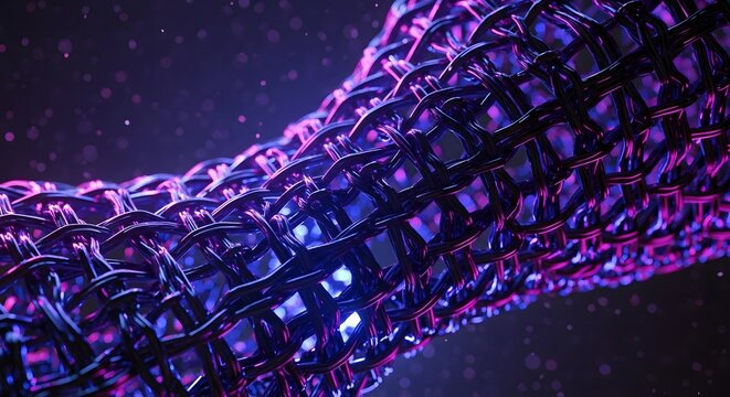 Abstract digital background featuring an intricate glowing purple woven mesh structure in dark space.