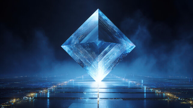 Diamond-shaped crystal monolith floats above a dark, reflective platform in a futuristic digital environment.