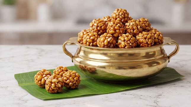 Traditional Indian Kadala Urunda Sweet Peanut Jaggery Balls in Brass Bowl on Banana Leaf with Copy Space