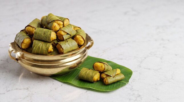 Traditional Kerala Steamed Sweet Leaf Wraps Therali Appam in Brass Bowl on Banana Leaf with Marble Copy Space