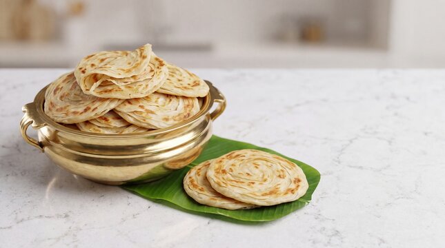 Traditional Kerala Malabar Parotta Layered Flatbread in Brass Bowl on Banana Leaf with Copy Space