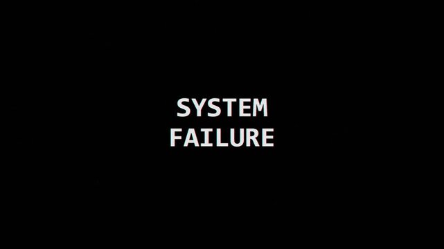 System failure text animation displayed on a dark digital computer screen