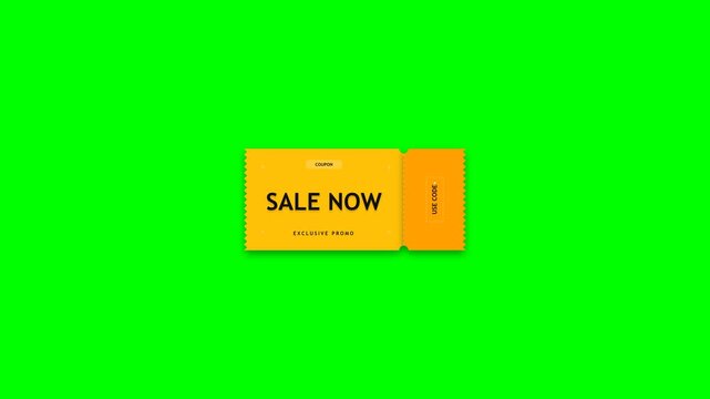 Sale now yellow coupon ticket animation for e-commerce marketing promotion