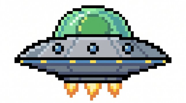 8-bit pixel art of a retro flying saucer UFO space game asset isolated on white.