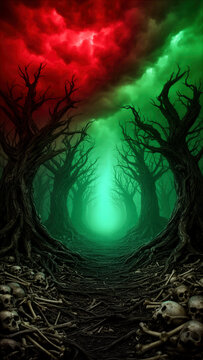 bosque oscuro, bosque siniestro, &aacute;rboles muertos, &aacute;rboles retorcidos, calaveras, cr&aacute;neos, huesos, esqueletos, restos humanos, muerte, cementerio, paisaje macabro, fantas&iacute;a oscura, terror, horror, infr