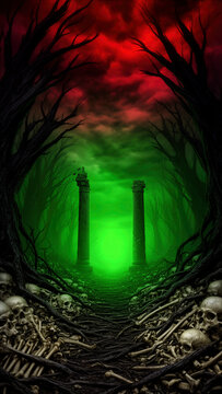 bosque oscuro, bosque siniestro, &aacute;rboles muertos, &aacute;rboles retorcidos, calaveras, cr&aacute;neos, huesos, esqueletos, restos humanos, muerte, cementerio, paisaje macabro, fantas&iacute;a oscura, terror, horror, infr