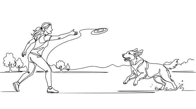 Woman throwing frisbee for dog, line art, isolated on white background