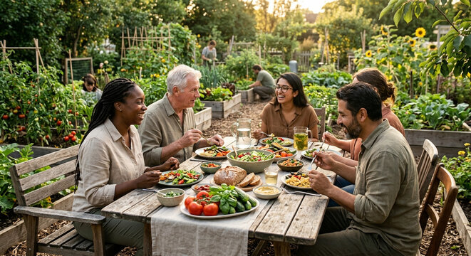 Diverse group of happy friends enjoying a healthy outdoor garden dinner party.