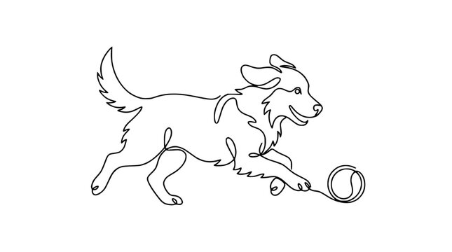 Continuous Line Drawing of a Dog Playing with a Ball, Isolated