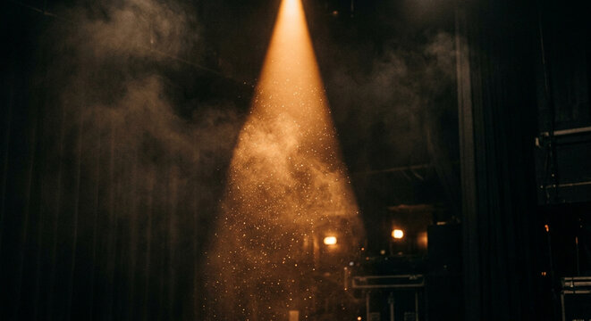 A bright theatrical spotlight shining down through dust particles on a dark stage.