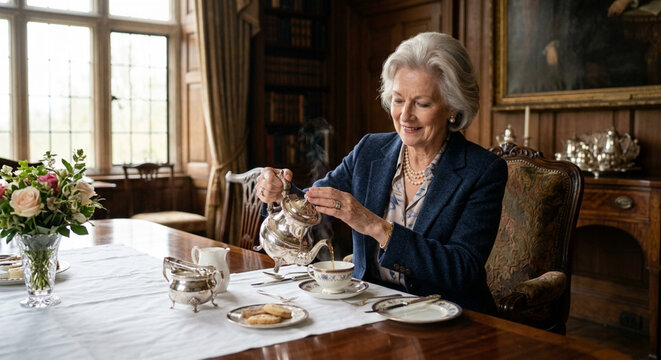 Elegant senior woman pouring tea into a porcelain cup in a classic dining room.