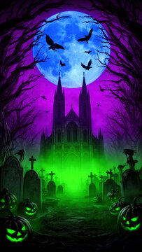 Halloween, cementerio, iglesia g&oacute;tica, catedral g&oacute;tica, castillo g&oacute;tico, noche de Halloween, luna llena, luna, murci&eacute;lagos, calabazas, calabazas de Halloween, fantasmas, esp&iacute;ritus, tumbas, l&aacute;pidas, ce