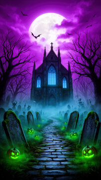 Halloween, cementerio, iglesia g&oacute;tica, catedral g&oacute;tica, castillo g&oacute;tico, noche de Halloween, luna llena, luna, murci&eacute;lagos, calabazas, calabazas de Halloween, fantasmas, esp&iacute;ritus, tumbas, l&aacute;pidas, ce