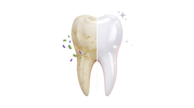 Dental whitening comparison, yellow stained tooth versus clean white tooth, oral hygiene and teeth bleaching concept
