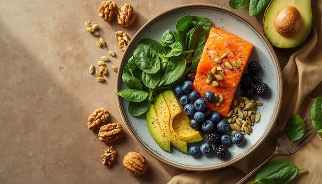 Salmon and Avocado Bowl: A vibrant and healthy meal featuring a fillet of salmon, fresh avocado slices, blueberries, and spinach, garnished with seeds and surrounded by walnuts.