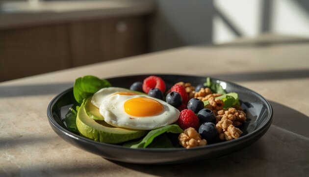Healthy Breakfast Bowl: A delicious and nutritious breakfast bowl filled with fresh ingredients like avocado, fried egg, berries, and nuts, perfect for a healthy start to the day.