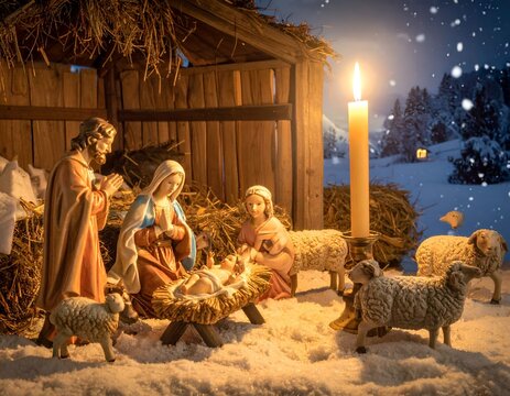 Traditional nativity scene figurines in a snowy wooden stable.