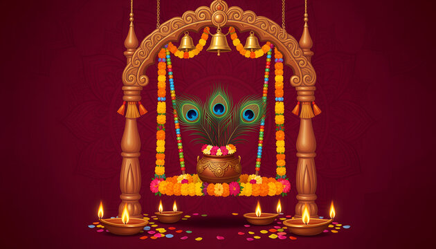 Krishna Janmashtami Background with Decorated Jhula and Peacock Feathers