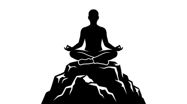 Person meditating in lotus pose on a mountain peak, mindfulness and yoga concept vector illustration