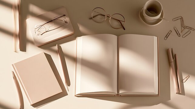 study table with notebooks, coffee, glasses and pen