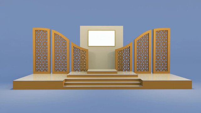 Smooth camera orbit from left to center reveals a luxurious 3D event stage with Arabic geometric lattice ornaments, gold and beige panels, platform and central blank screen.