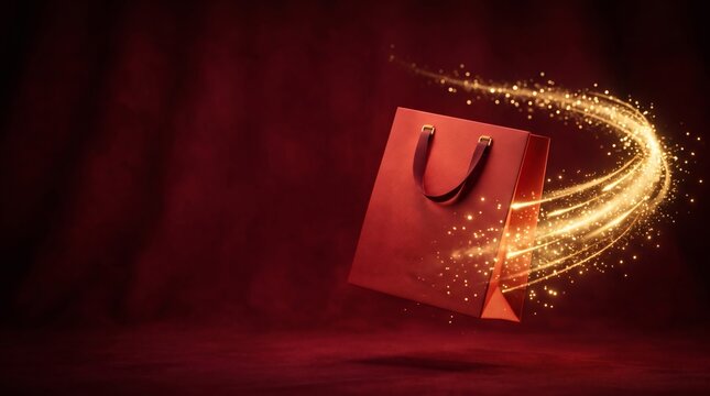 Red shopping bag with magical golden light streaks and sparkles emerging from it on a dark red background