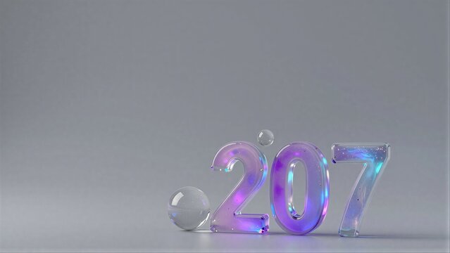 Glassy 2077 numbers with bubbles, futuristic design on neutral background.