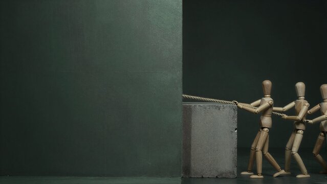 Three wooden figures pull a rope to move a heavy stone block against dark background.