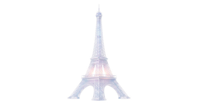 Eiffel Tower landmark in glowing white light, ethereal French monument on white background, glowing architectural tower icon