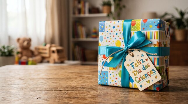 Gift box with Feliz Dia das Criancas tag and toys in background