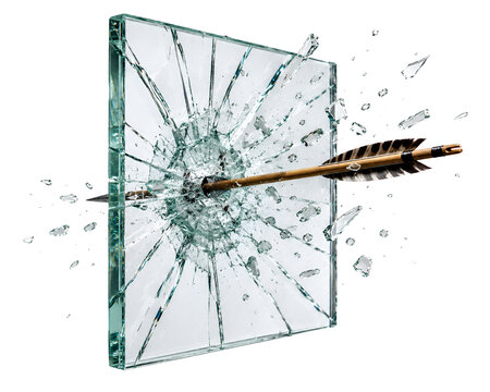 Traditional wooden arrow penetrating glass panel with flying shards on white background