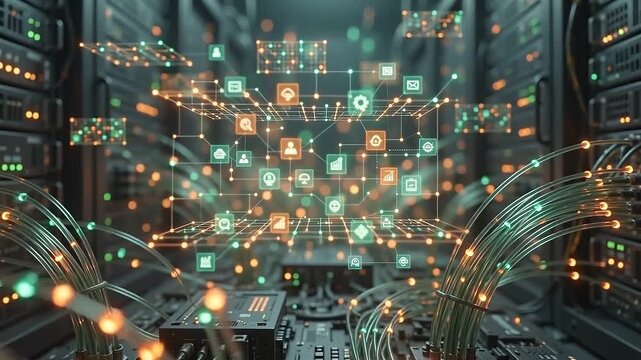 Fiber optic cables transmitting data in a high-tech server room with digital network icons and holographic grid, cinematic close-up