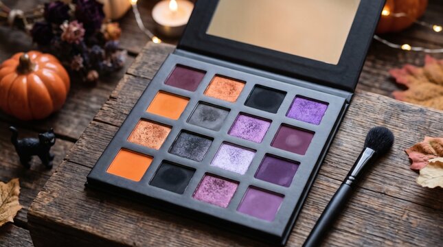 Halloween themed eyeshadow palette with pumpkins and black cat on rustic wooden background