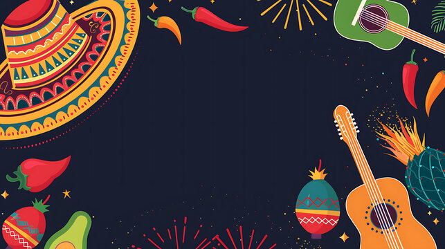 Vector Mexican fiesta guitar and sombrero border on dark background with central copy space for Cinco de Mayo party invites and live music posters