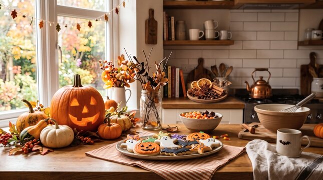 Cozy Autumn Kitchen Scene with Halloween Decorations and Festive Treats