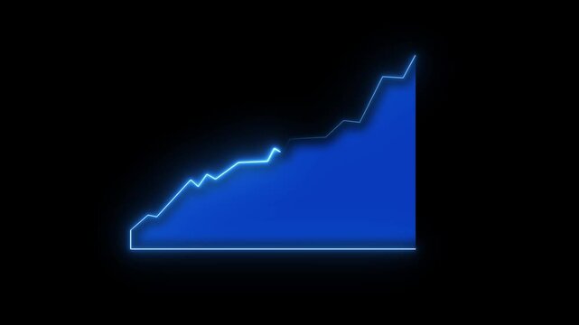 A bright blue neon line graph with a jagged upward trend against a stark black background symbolizing growth and progress in financial markets or data analysis