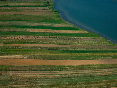 Aerial view of the Plevica Reservoir surrounded by striped agricultural fields with varying green and brown crops in Belsh, Qarku i Elbasanit, Albania.