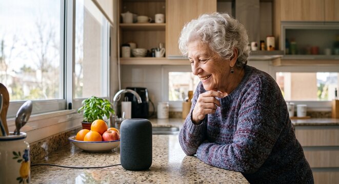 Mujer mayor utilizando un altavoz inteligente por comandos de voz en la cocina de su hogar.