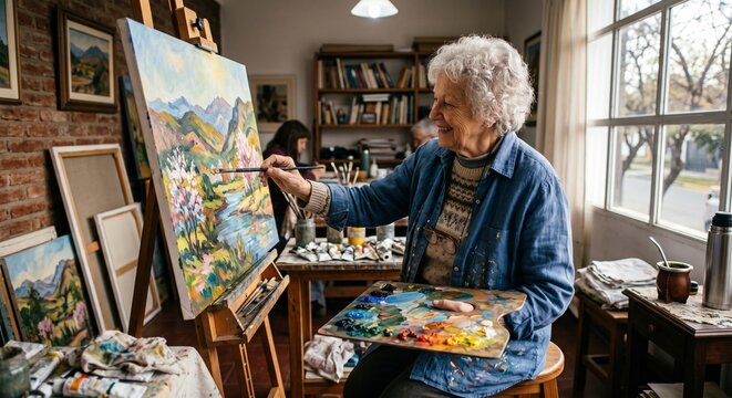 Mujer mayor pintando un paisaje al &oacute;leo sobre un caballete en un taller de arte.