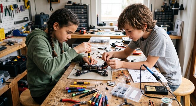 Estudiantes armando un peque&ntilde;o dron en un taller escolar de tecnolog&iacute;a y electr&oacute;nica.