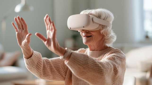Active Senior Woman Using a VR Headset for Virtual Reality Rehabilitation in a Modern Home